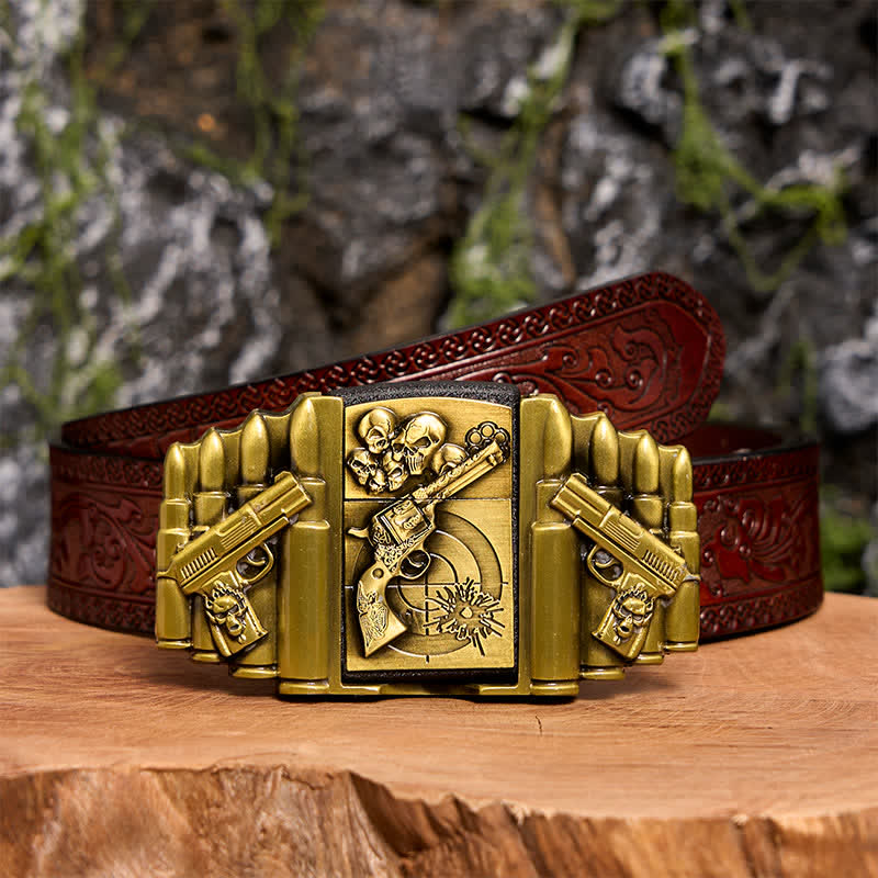 Cintura in pelle da uomo fai da te con motivo a pistola e teschio in bronzo e accendino nascosto - Pistola e teschio - Cintura marrone intagliata - 42 - image 10
