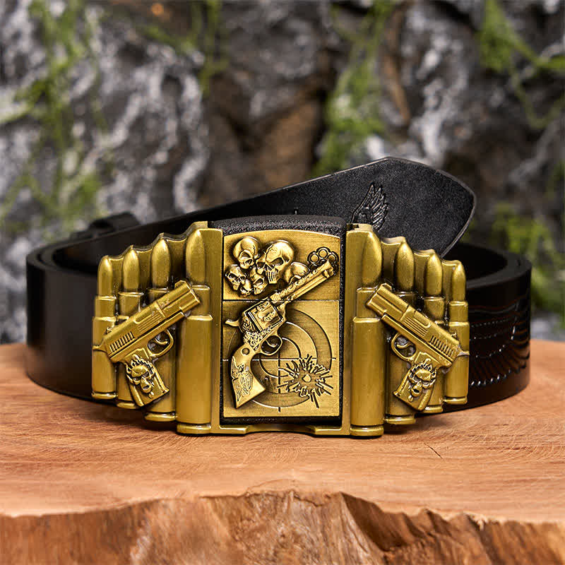 Cintura in pelle da uomo fai da te con motivo a pistola e teschio in bronzo e accendino nascosto - Pistola e teschio - Cintura con aquila in rilievo nera - 42 - image 3