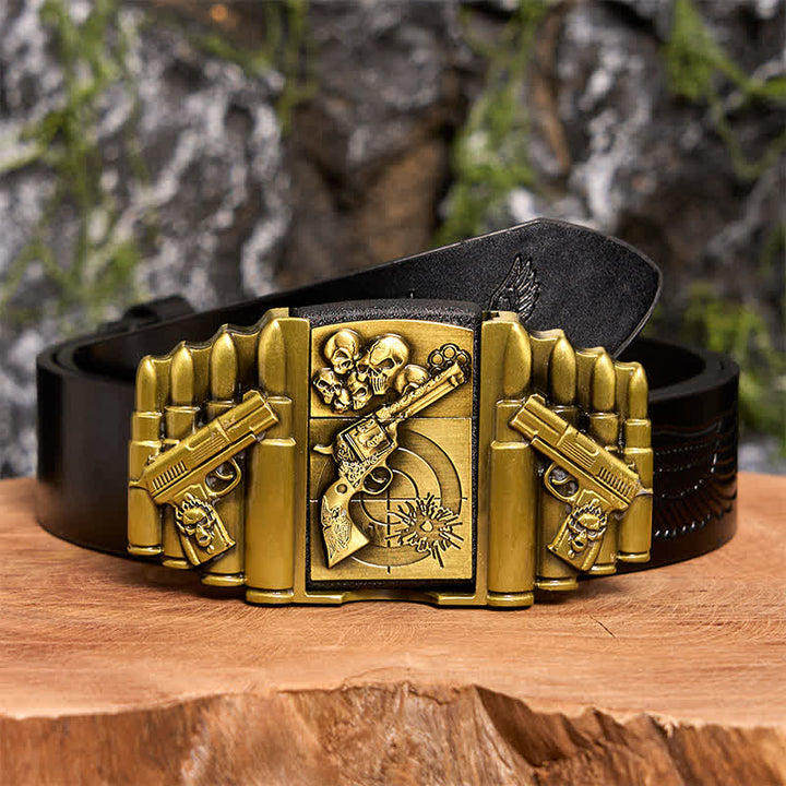 Cintura in pelle da uomo fai da te con motivo a pistola e teschio in bronzo e accendino nascosto - Pistola e teschio - Cintura con aquila in rilievo nera - 42 - image 3
