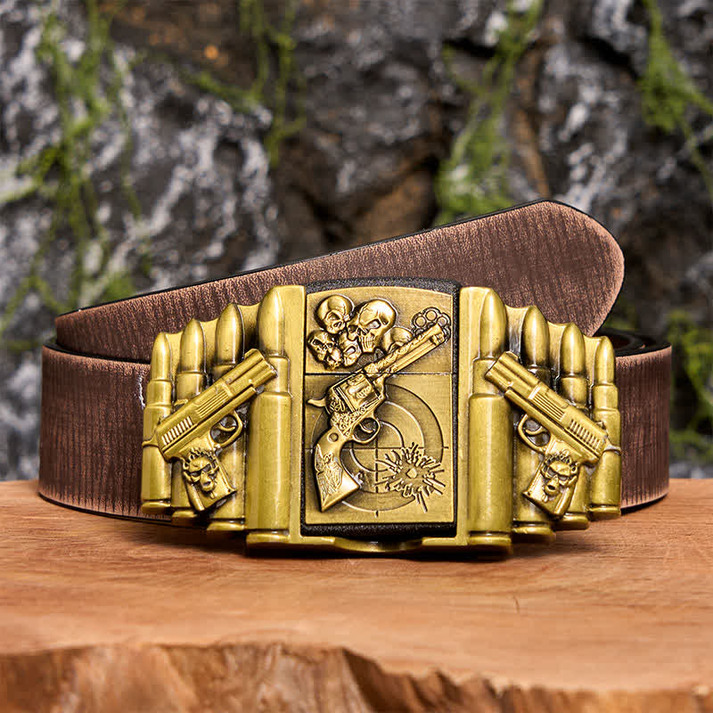 Cintura in pelle da uomo fai da te con motivo a pistola e teschio in bronzo e accendino nascosto - Pistola e teschio - Cintura marrone anticata - 42 - image 9