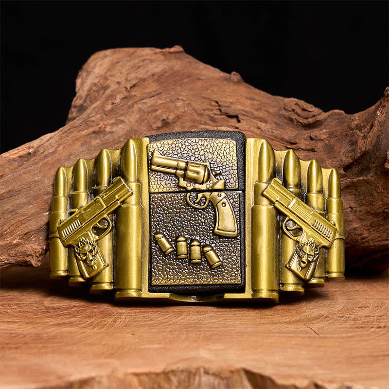 Cintura in pelle da uomo fai da te con motivo a pistola caricata in bronzo e accendino nascosto -  Pistola - Senza cintura - Cintura non inclusa - image 1