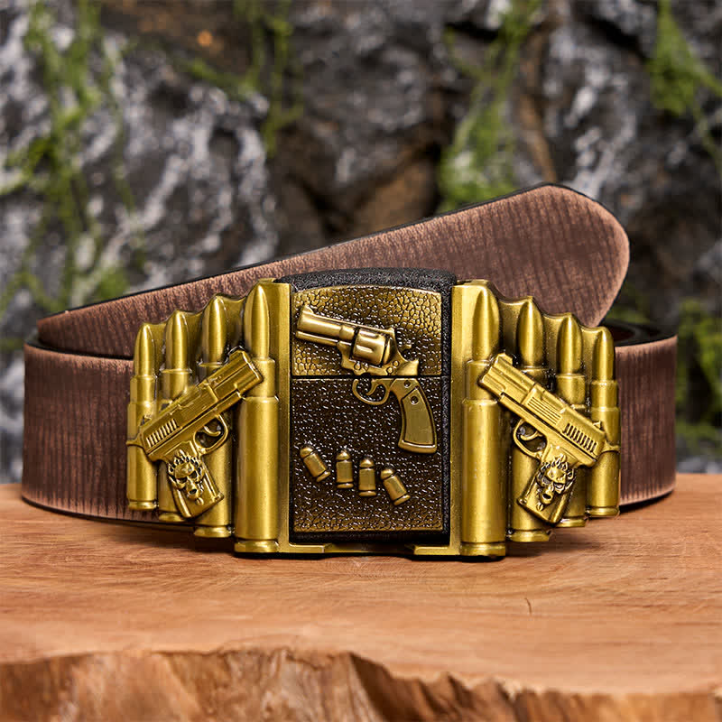 Cintura in pelle da uomo fai da te con motivo a pistola caricata in bronzo e accendino nascosto -  Pistola - Cintura marrone anticata - 42 - image 9