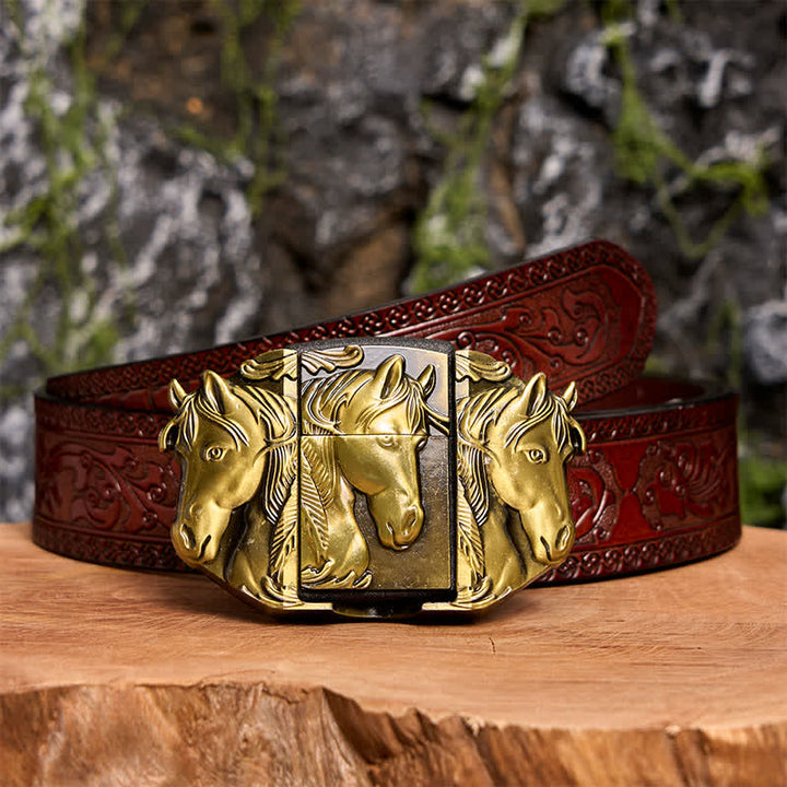 Cintura in pelle da uomo fai da te con triplo cavallo in bronzo e accendino nascosto - Triple Horses - Cintura marrone intagliata - 42 - image 10