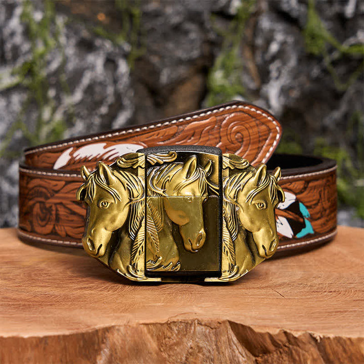Cintura in pelle da uomo fai da te con triplo cavallo in bronzo e accendino nascosto - Triple Horses - Cintura di piume marroni - 40 - image 11
