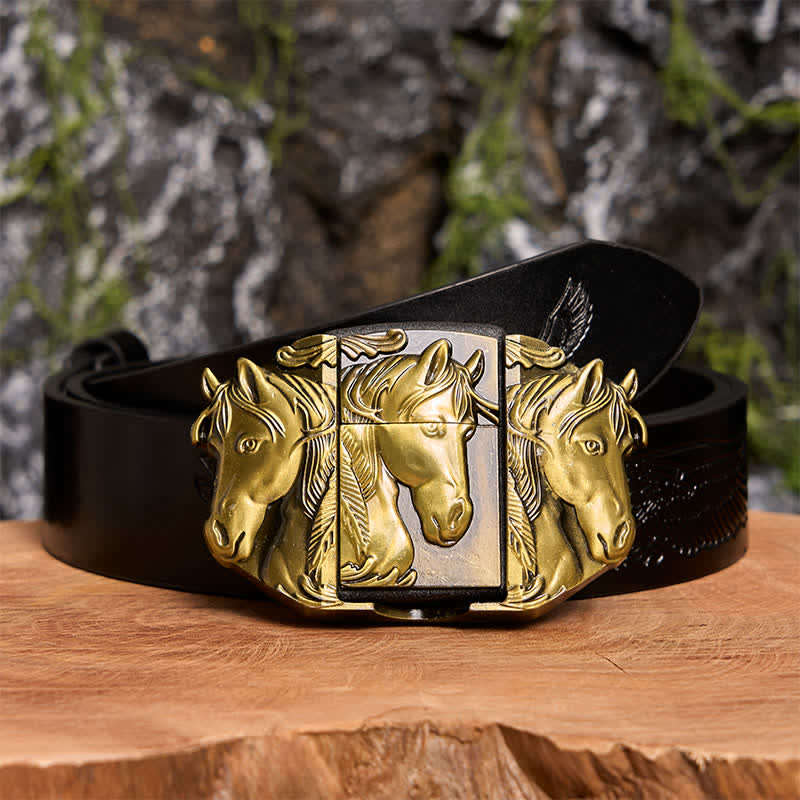 Cintura in pelle da uomo fai da te con triplo cavallo in bronzo e accendino nascosto - Triple Horses - Cintura con aquila in rilievo nera - 42 - image 3
