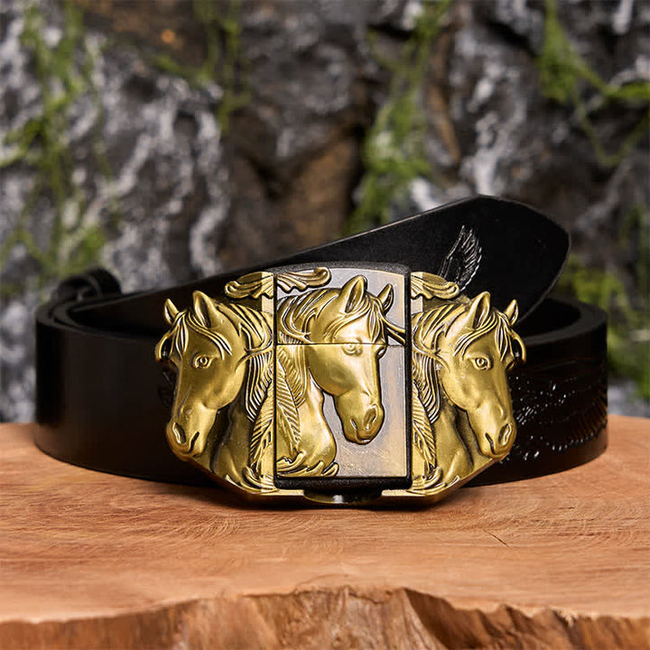 Cintura in pelle da uomo fai da te con triplo cavallo in bronzo e accendino nascosto - Triple Horses - Cintura con aquila in rilievo nera - 42 - image 3