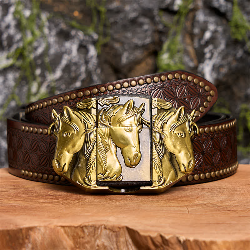 Cintura in pelle da uomo fai da te con triplo cavallo in bronzo e accendino nascosto - Triple Horses - Cintura con rivetti marroni - 42 - image 7