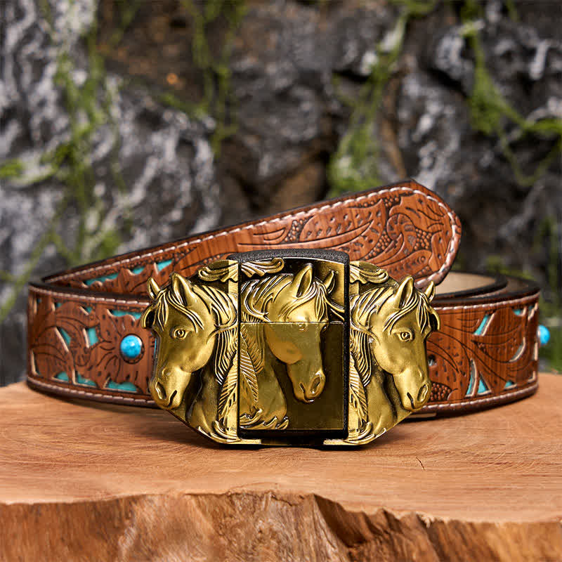 Cintura in pelle da uomo fai da te con triplo cavallo in bronzo e accendino nascosto - Triple Horses - Cintura intagliata turchese - 42 - image 7