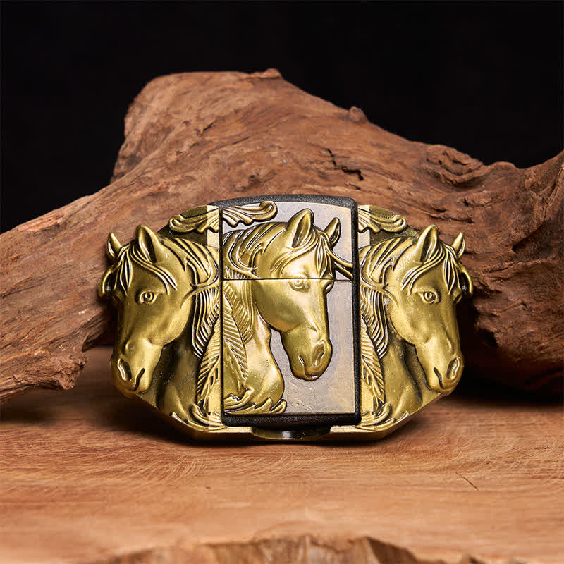 Cintura in pelle da uomo fai da te con triplo cavallo in bronzo e accendino nascosto - Triple Horses - Senza cintura - Cintura non inclusa - image 1