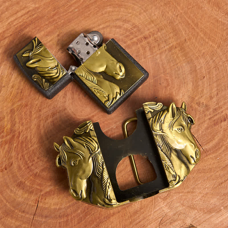 Cintura in pelle da uomo fai da te con triplo cavallo in bronzo e accendino nascosto - image 6