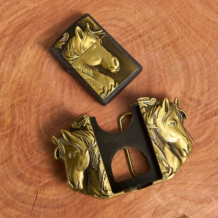 Cintura in pelle da uomo fai da te con triplo cavallo in bronzo e accendino nascosto - image 5