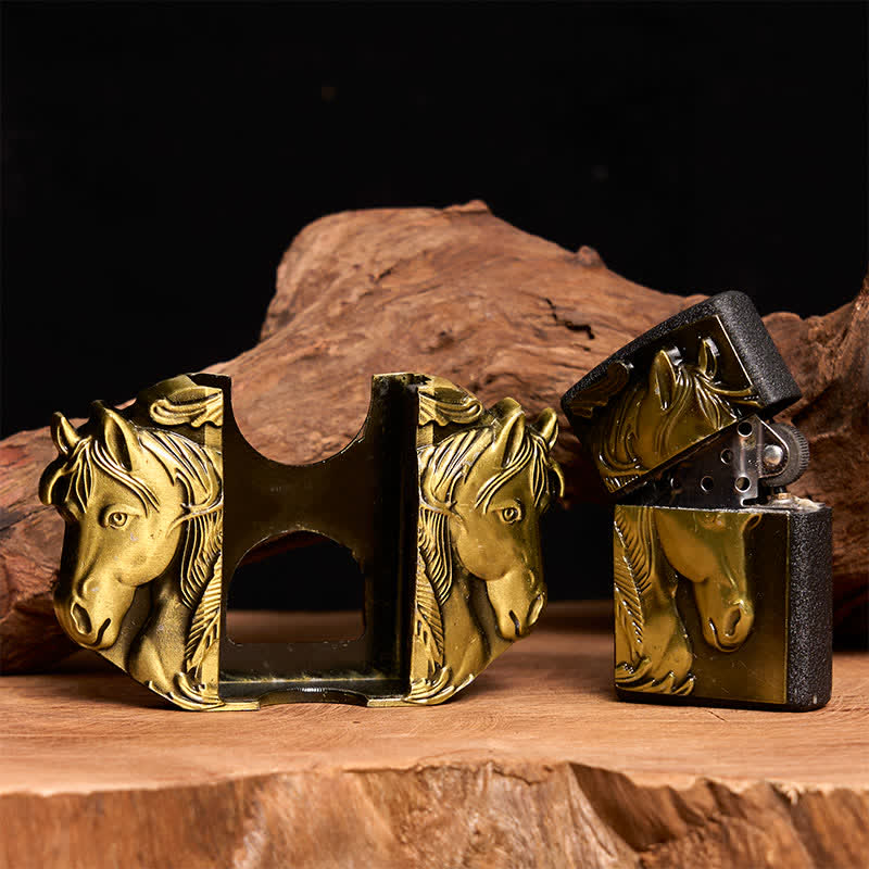 Cintura in pelle da uomo fai da te con triplo cavallo in bronzo e accendino nascosto - image 1