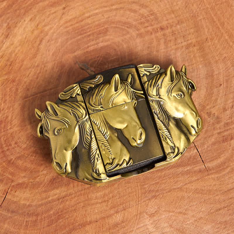 Cintura in pelle da uomo fai da te con triplo cavallo in bronzo e accendino nascosto - image 4