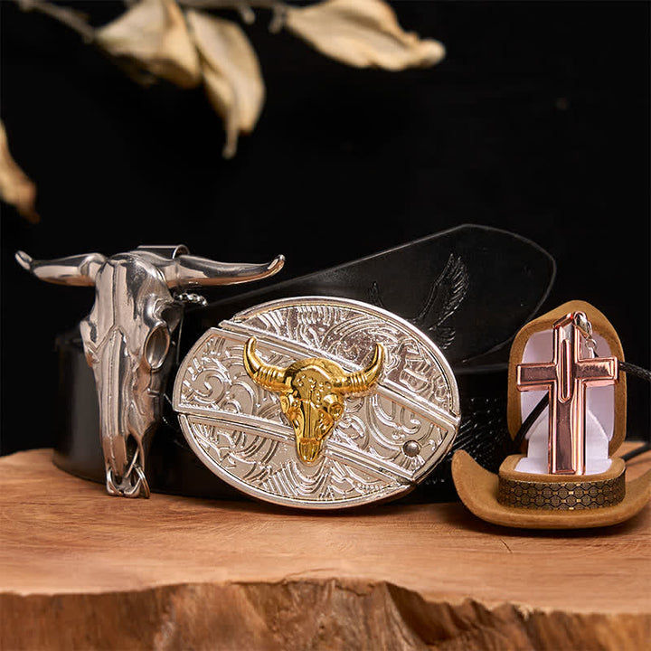 Set di collana con croce e fibbia per cintura fai da te con coltello nascosto in oro e argento - Toro d'oro e d'argento - Cintura con aquila in rilievo nera - 42 - image 3