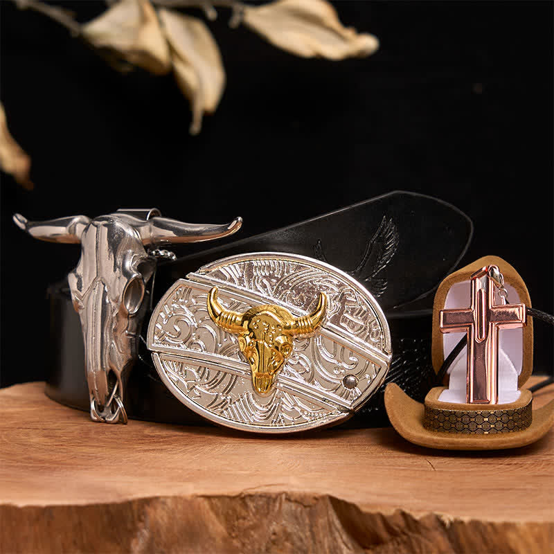 Set di collana con croce e fibbia per cintura fai da te con coltello nascosto in oro e argento - Toro d'oro e d'argento - Cintura con aquila in rilievo nera - 42 - image 2