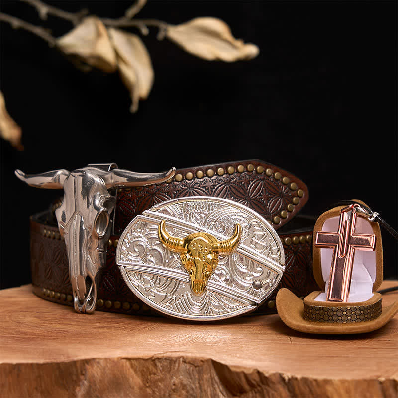 Set di collana con croce e fibbia per cintura fai da te con coltello nascosto in oro e argento - Toro d'oro e d'argento - Cintura con rivetti marroni - 42 - image 4