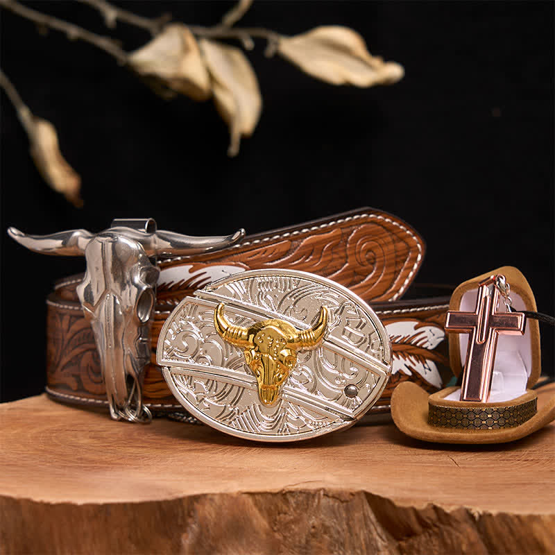 Set di collana con croce e fibbia per cintura fai da te con coltello nascosto in oro e argento - Toro d'oro e d'argento - Cintura di piume marroni - 40 - image 0