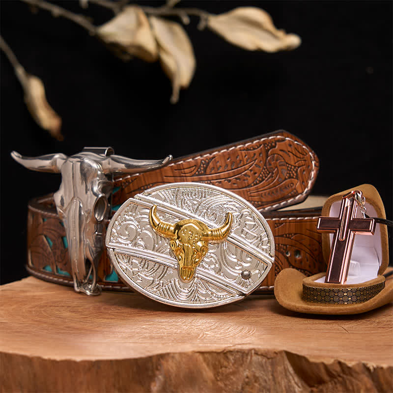 Set di collana con croce e fibbia per cintura fai da te con coltello nascosto in oro e argento - Toro d'oro e d'argento - Cintura intagliata turchese - 42 - image 3