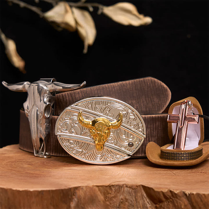 Set di collana con croce e fibbia per cintura fai da te con coltello nascosto in oro e argento - Toro d'oro e d'argento - Cintura marrone anticata - 42 - image 5