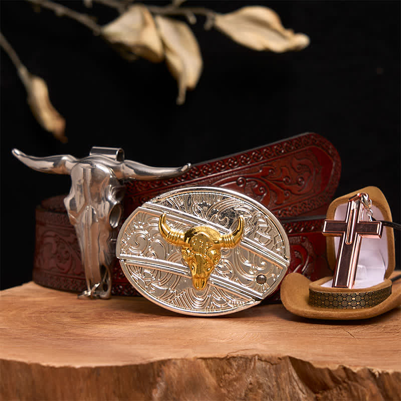 Set di collana con croce e fibbia per cintura fai da te con coltello nascosto in oro e argento - Toro d'oro e d'argento - Cintura marrone intagliata - 42 - image 7