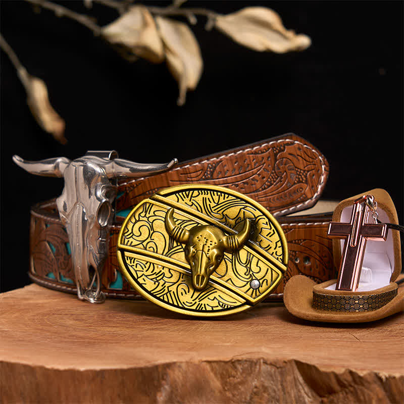 Set di collana con croce e fibbia per cintura con coltello nascosto fai da te in bronzo a forma di toro - Toro di bronzo - Cintura intagliata turchese - 42 - image 4