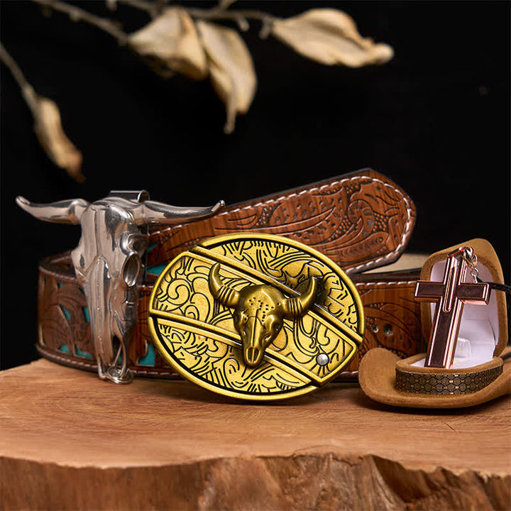 Set di collana con croce e fibbia per cintura con coltello nascosto fai da te in bronzo a forma di toro - Toro di bronzo - Cintura intagliata turchese - 42 - image 4