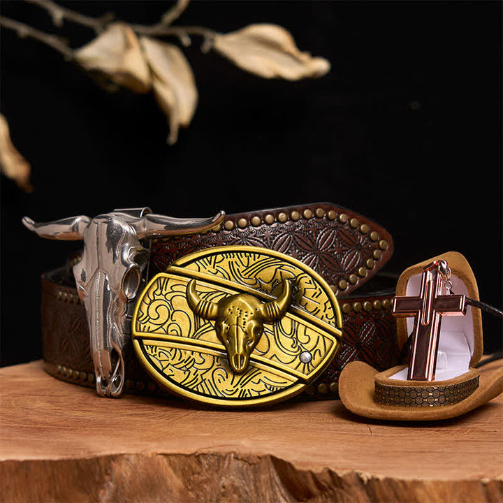 Set di collana con croce e fibbia per cintura con coltello nascosto fai da te in bronzo a forma di toro - Toro di bronzo - Cintura con rivetti marroni - 42 - image 6