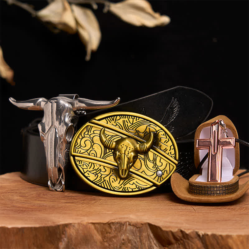 Set di collana con croce e fibbia per cintura con coltello nascosto fai da te in bronzo a forma di toro - Toro di bronzo - Cintura con aquila in rilievo nera - 42 - image 3