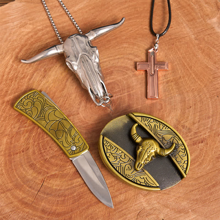 Set di collana con croce e fibbia per cintura con coltello nascosto fai da te in bronzo a forma di toro - image 3