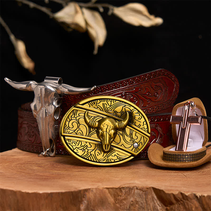 Set di collana con croce e fibbia per cintura con coltello nascosto fai da te in bronzo a forma di toro - Toro di bronzo - Cintura marrone intagliata - 42 - image 7