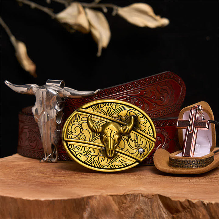 Set di collana con croce e fibbia per cintura con coltello nascosto fai da te in bronzo a forma di toro - Toro di bronzo - Cintura marrone intagliata - 42 - image 7