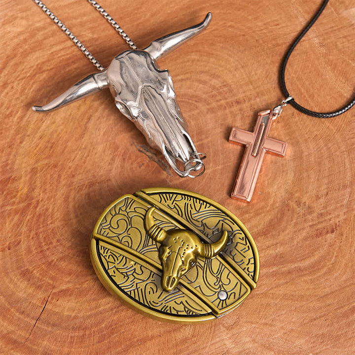 Set di collana con croce e fibbia per cintura con coltello nascosto fai da te in bronzo a forma di toro - Toro di bronzo - Senza cintura - Cintura non inclusa - image 1