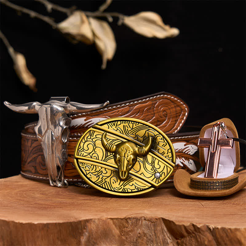Set di collana con croce e fibbia per cintura con coltello nascosto fai da te in bronzo a forma di toro - Toro di bronzo - Cintura di piume marroni - 40 - image 0