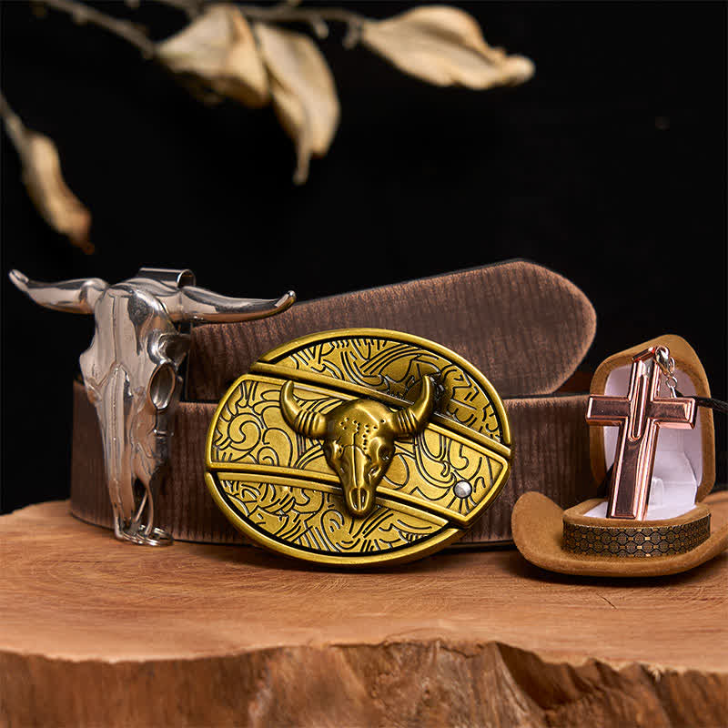Set di collana con croce e fibbia per cintura con coltello nascosto fai da te in bronzo a forma di toro - Toro di bronzo - Cintura marrone anticata - 42 - image 6