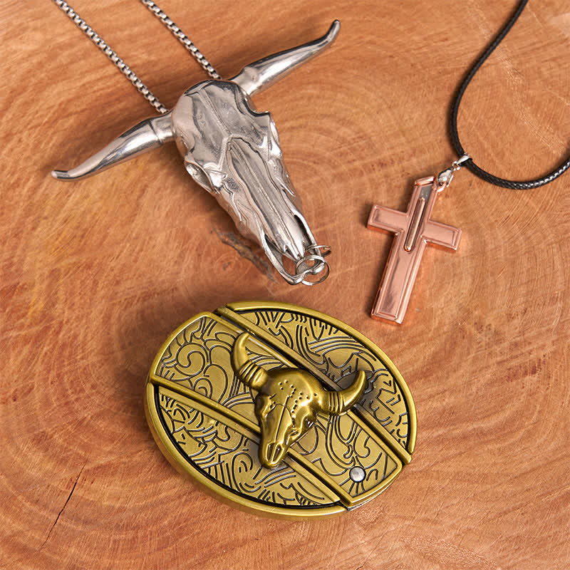 Set di collana con croce e fibbia per cintura con coltello nascosto fai da te in bronzo a forma di toro - Toro di bronzo - Senza cintura - Cintura non inclusa - image 1