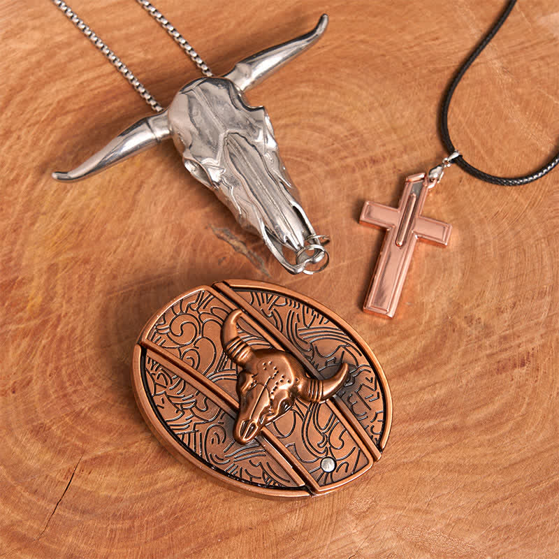 Set di collana con croce e fibbia per cintura con coltello nascosto fai da te in bronzo rosso Bull - Toro di bronzo rosso - Senza cintura - Cintura non inclusa - image 1