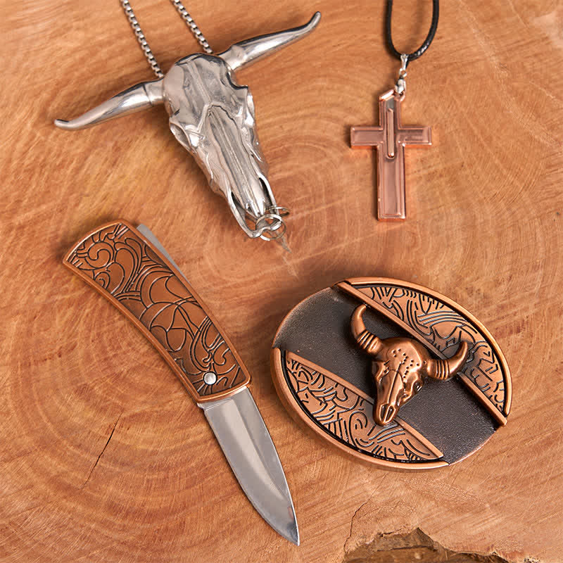 Set di collana con croce e fibbia per cintura con coltello nascosto fai da te in bronzo rosso Bull - image 2