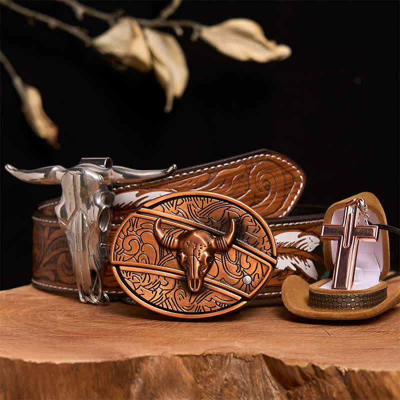 Set di collana con croce e fibbia per cintura con coltello nascosto fai da te in bronzo rosso Bull - Toro di bronzo rosso - Cintura di piume marroni - 40 - image 1