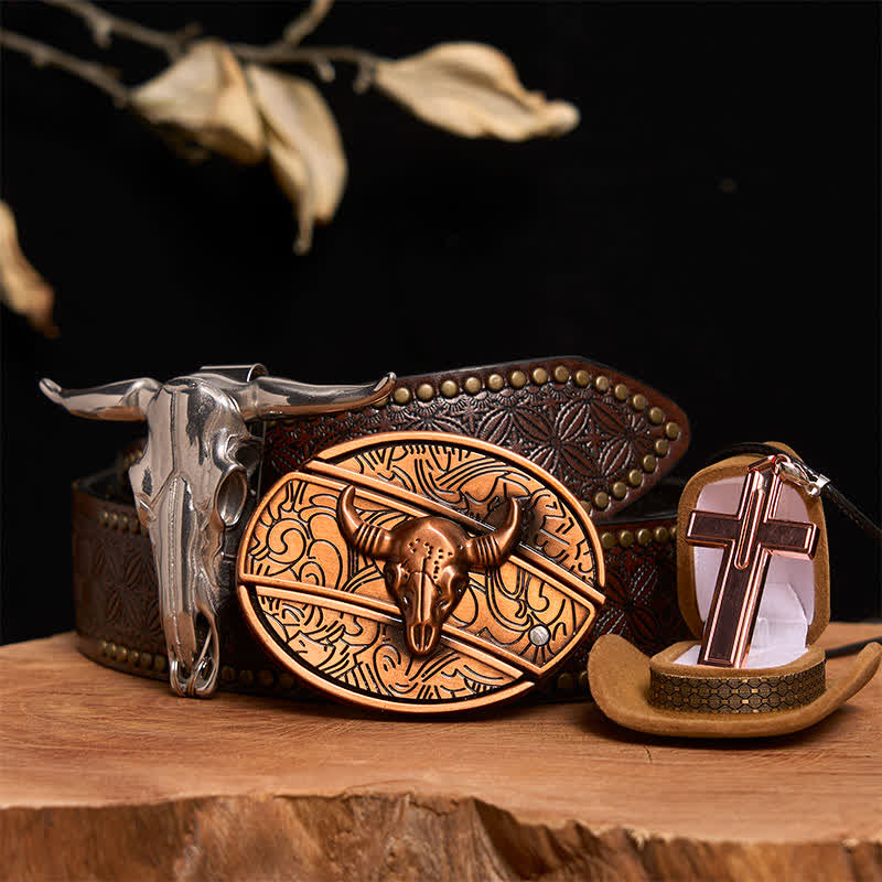Set di collana con croce e fibbia per cintura con coltello nascosto fai da te in bronzo rosso Bull - Toro di bronzo rosso - Cintura con rivetti marroni - 42 - image 5
