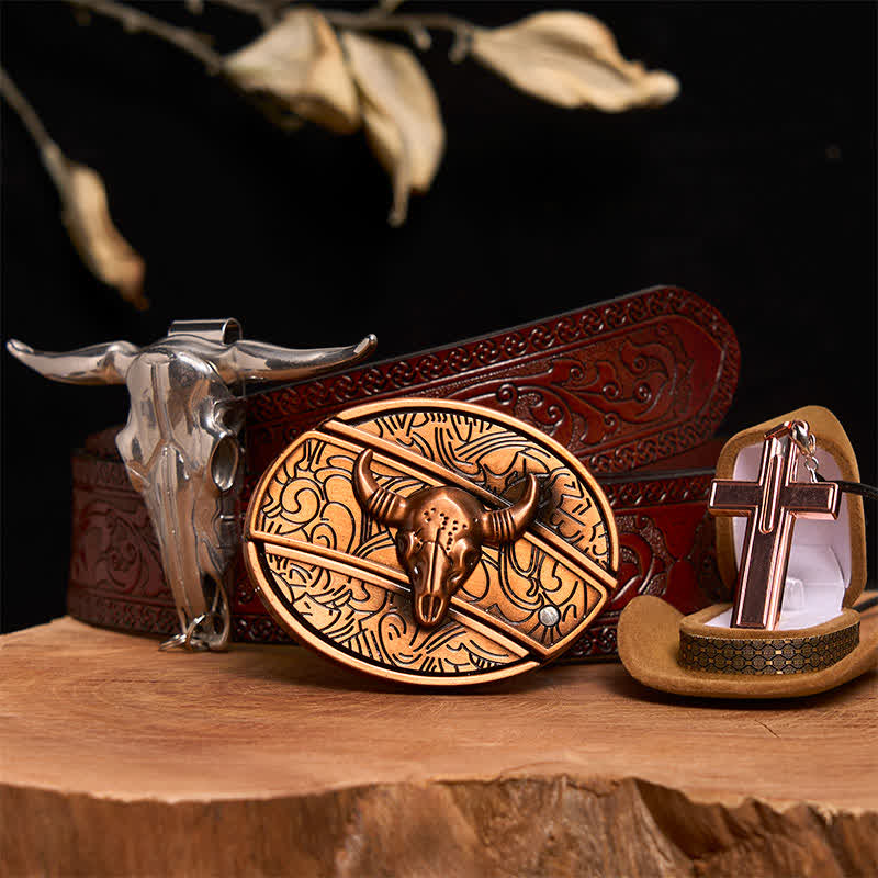 Set di collana con croce e fibbia per cintura con coltello nascosto fai da te in bronzo rosso Bull - Toro di bronzo rosso - Cintura marrone intagliata - 42 - image 7