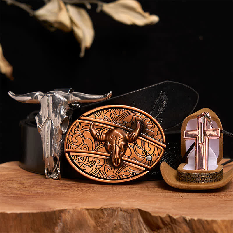 Set di collana con croce e fibbia per cintura con coltello nascosto fai da te in bronzo rosso Bull - Toro di bronzo rosso - Cintura con aquila in rilievo nera - 42 - image 3