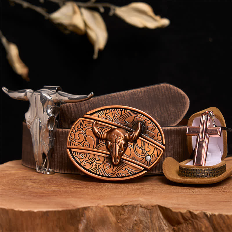 Set di collana con croce e fibbia per cintura con coltello nascosto fai da te in bronzo rosso Bull - Toro di bronzo rosso - Cintura marrone anticata - 42 - image 6