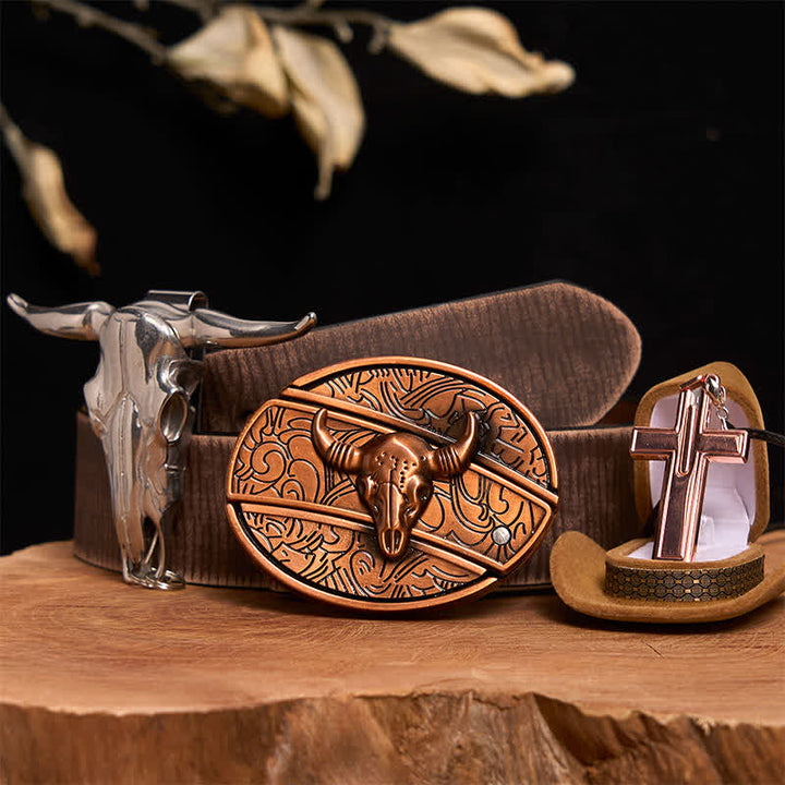 Set di collana con croce e fibbia per cintura con coltello nascosto fai da te in bronzo rosso Bull - Toro di bronzo rosso - Cintura marrone anticata - 42 - image 6