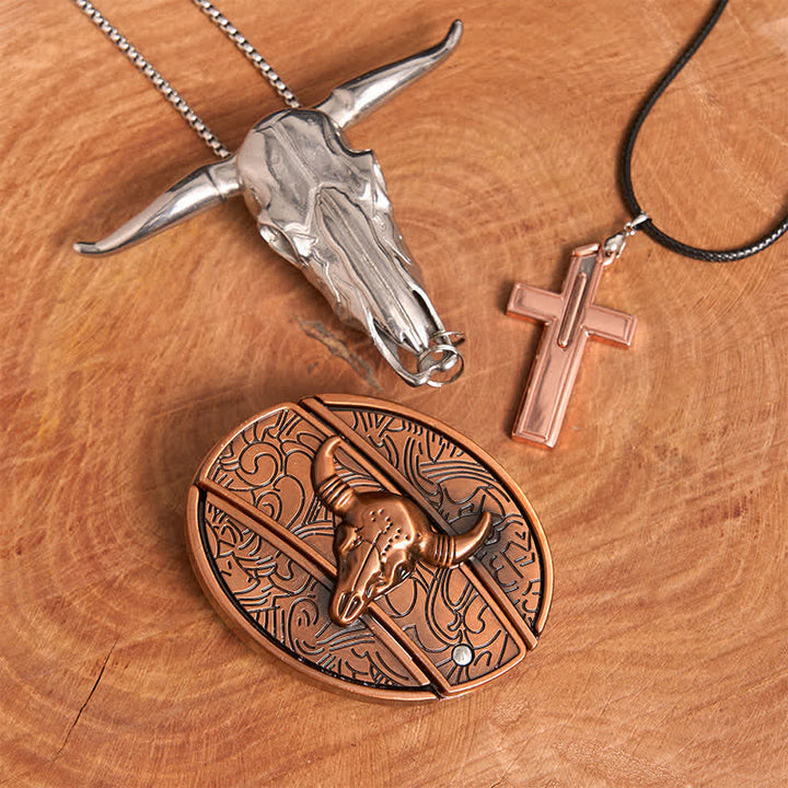 Set di collana con croce e fibbia per cintura con coltello nascosto fai da te in bronzo rosso Bull - Toro di bronzo rosso - Senza cintura - Cintura non inclusa - image 1