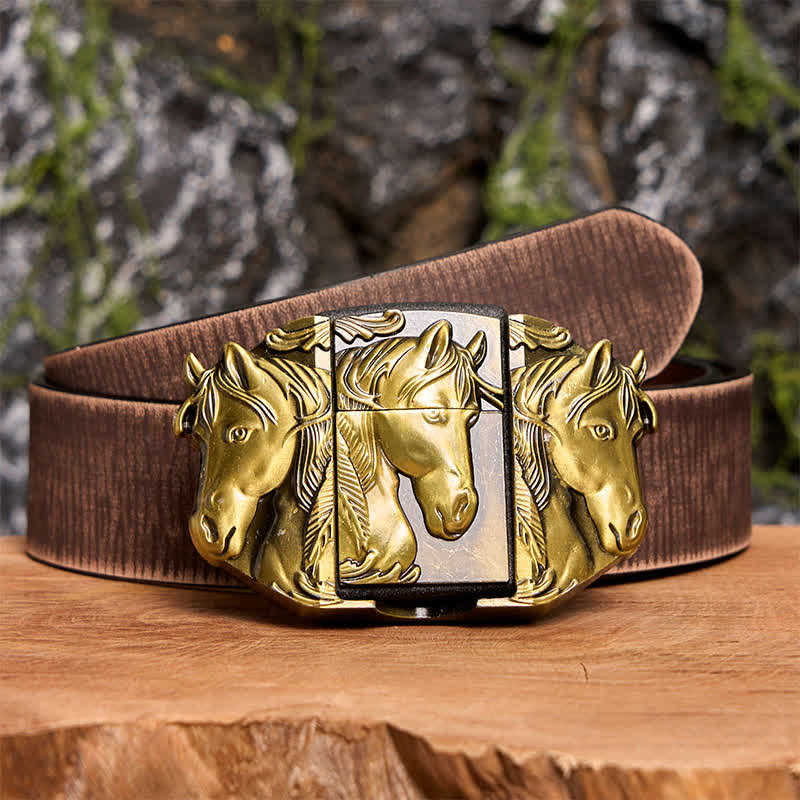 Cintura in pelle da uomo fai da te con triplo cavallo in bronzo e accendino nascosto - Triple Horses - Cintura marrone anticata - 42 - image 9