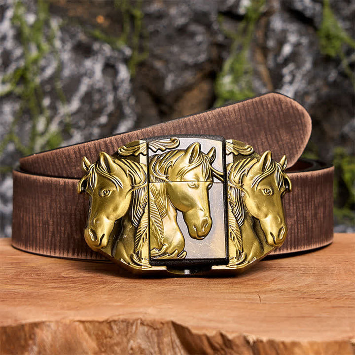 Cintura in pelle da uomo fai da te con triplo cavallo in bronzo e accendino nascosto - Triple Horses - Cintura marrone anticata - 42 - image 9