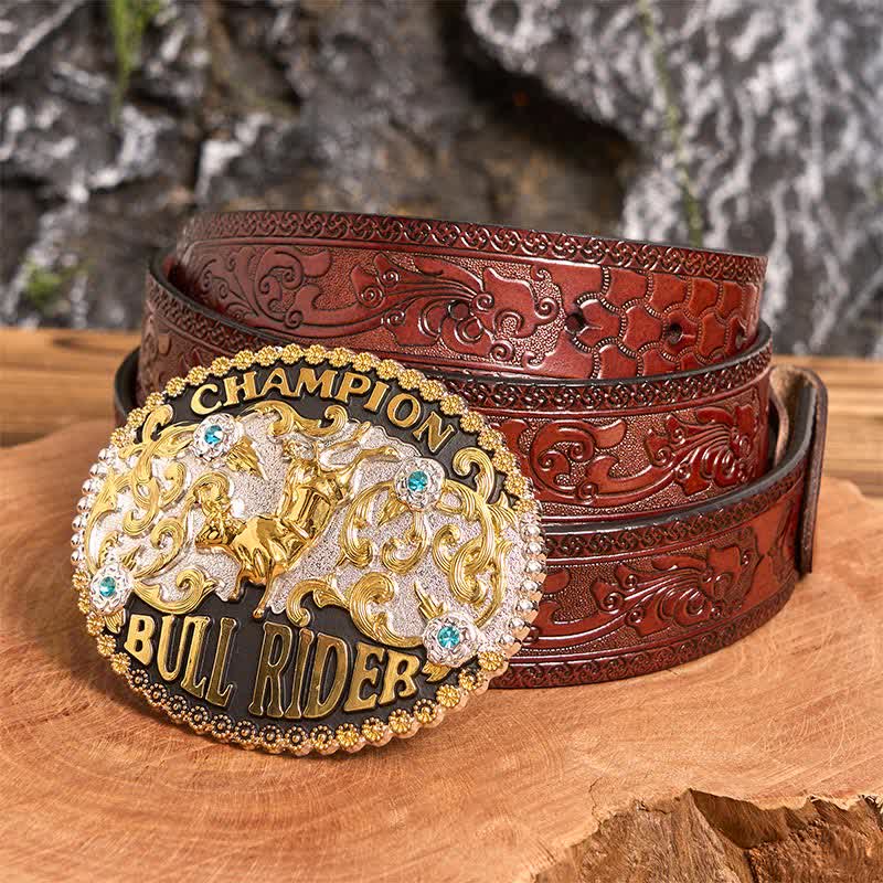 Cintura in pelle fai da te da uomo con fibbia grande Golden Bull Champion Bull Rider - Toro d'oro - Cintura marrone intagliata - 42 - image 4
