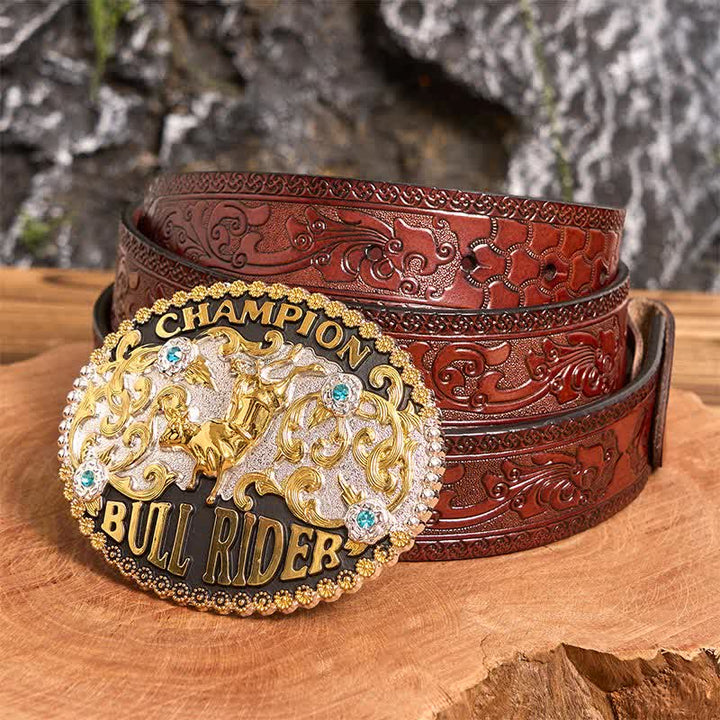 Cintura in pelle fai da te da uomo con fibbia grande Golden Bull Champion Bull Rider - Toro d'oro - Cintura marrone intagliata - 42 - image 4