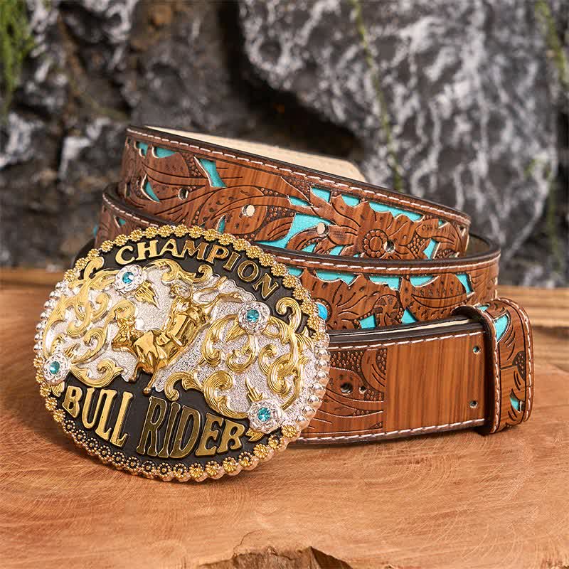 Cintura in pelle fai da te da uomo con fibbia grande Golden Bull Champion Bull Rider - Toro d'oro - Cintura intagliata turchese - 42 - image 1