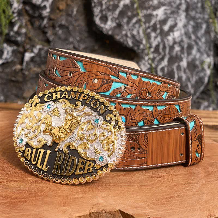 Cintura in pelle fai da te da uomo con fibbia grande Golden Bull Champion Bull Rider - Toro d'oro - Cintura intagliata turchese - 42 - image 1